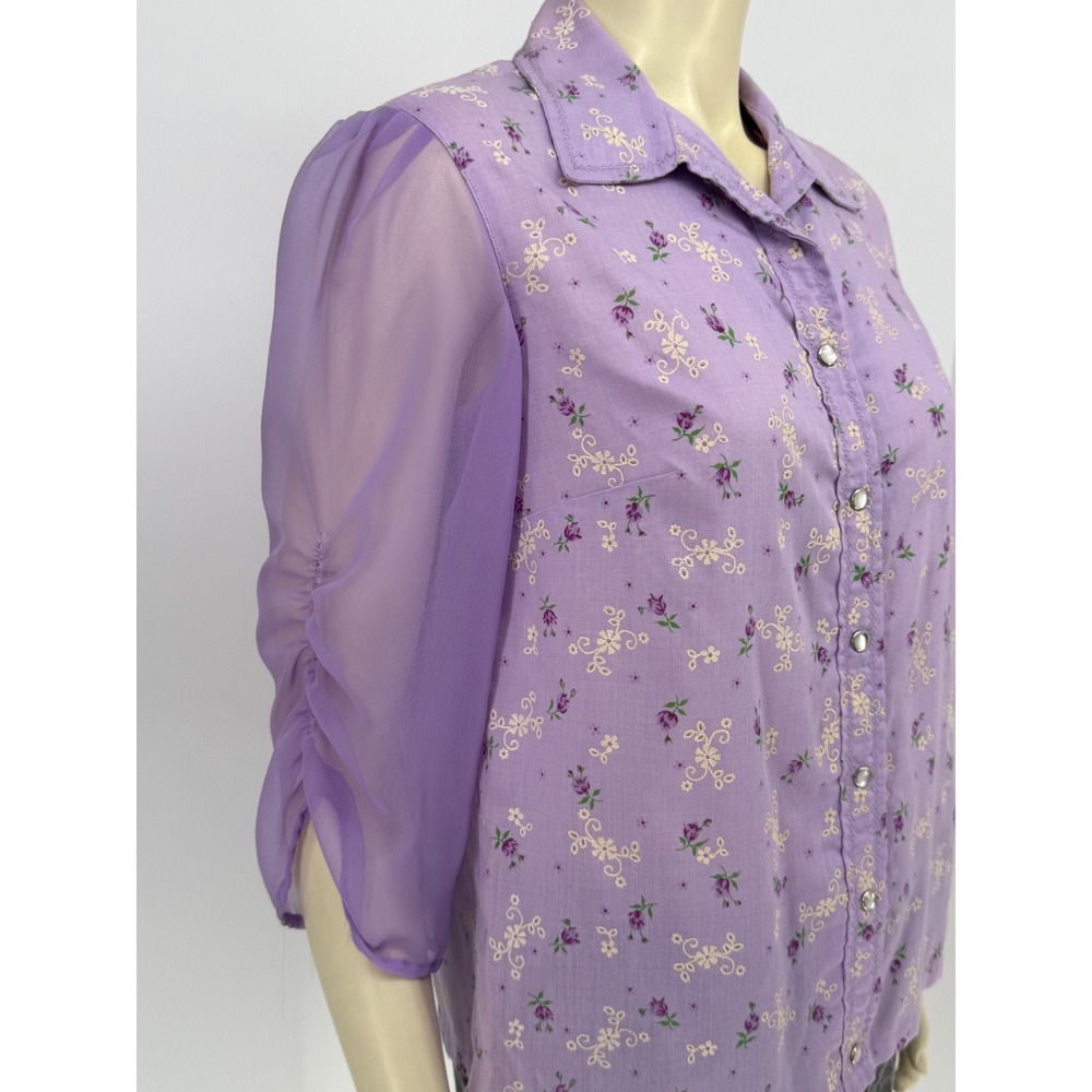 Vintage 70s Floral Poet Sleeve Blouse Purple‎ Silk Neck Tie Bow Handmade Medium